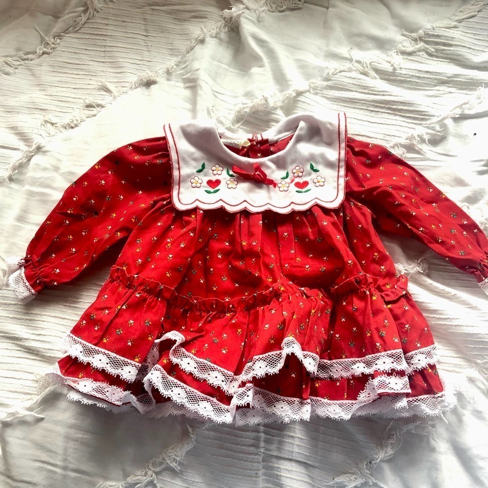 Vintage Red Polka Dot Ruffle  Bib Baby Dress 12M​​​​